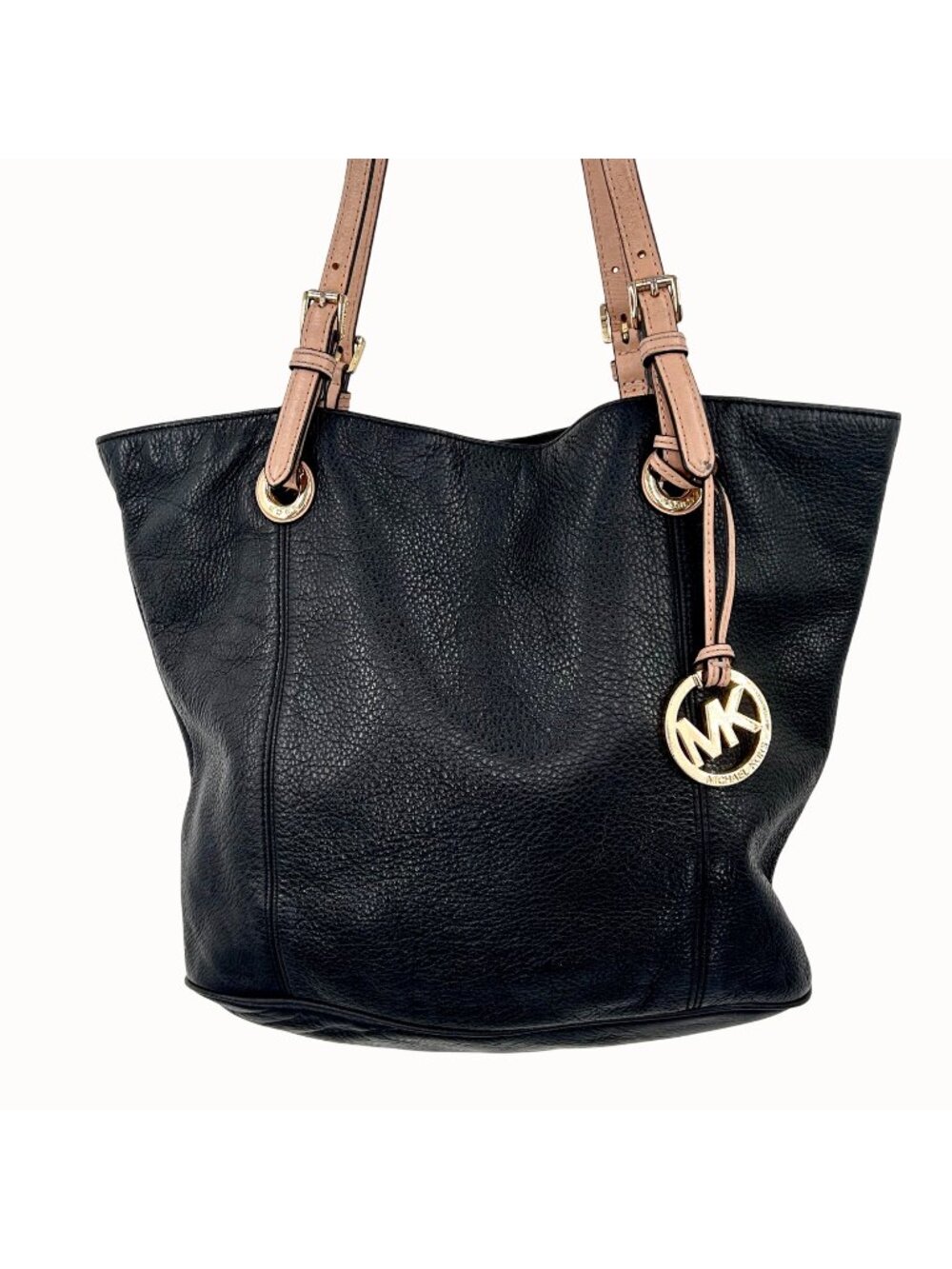 MICHAEL MICHAEL KORS JET SET PEBBLED BLACK TAN LEATHER TOTE BAG PURSE W/ CHARM